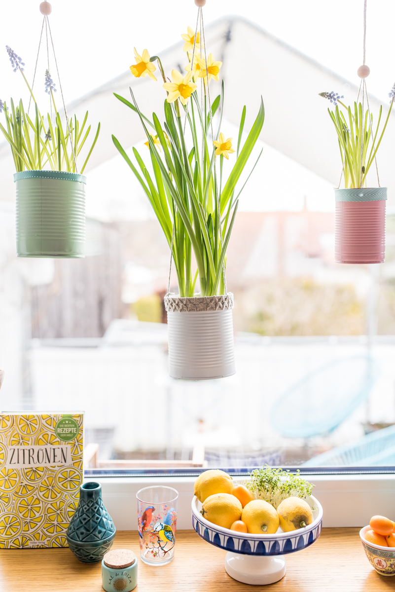 Selbst gemachte upcycling DIY Blumenampeln aus alten Dosen in Pastellfarben als Deko für das Küchen Fenster im Frühling
