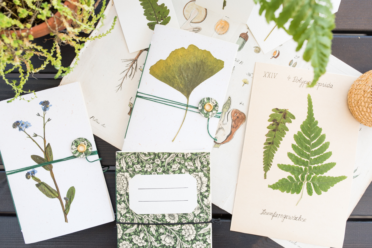 DIY Anleitung für kleine selbst gemachte Notiz Hefte mit Fadenbindung und getrockneten Blättern und Blüten im Botanik-Look
