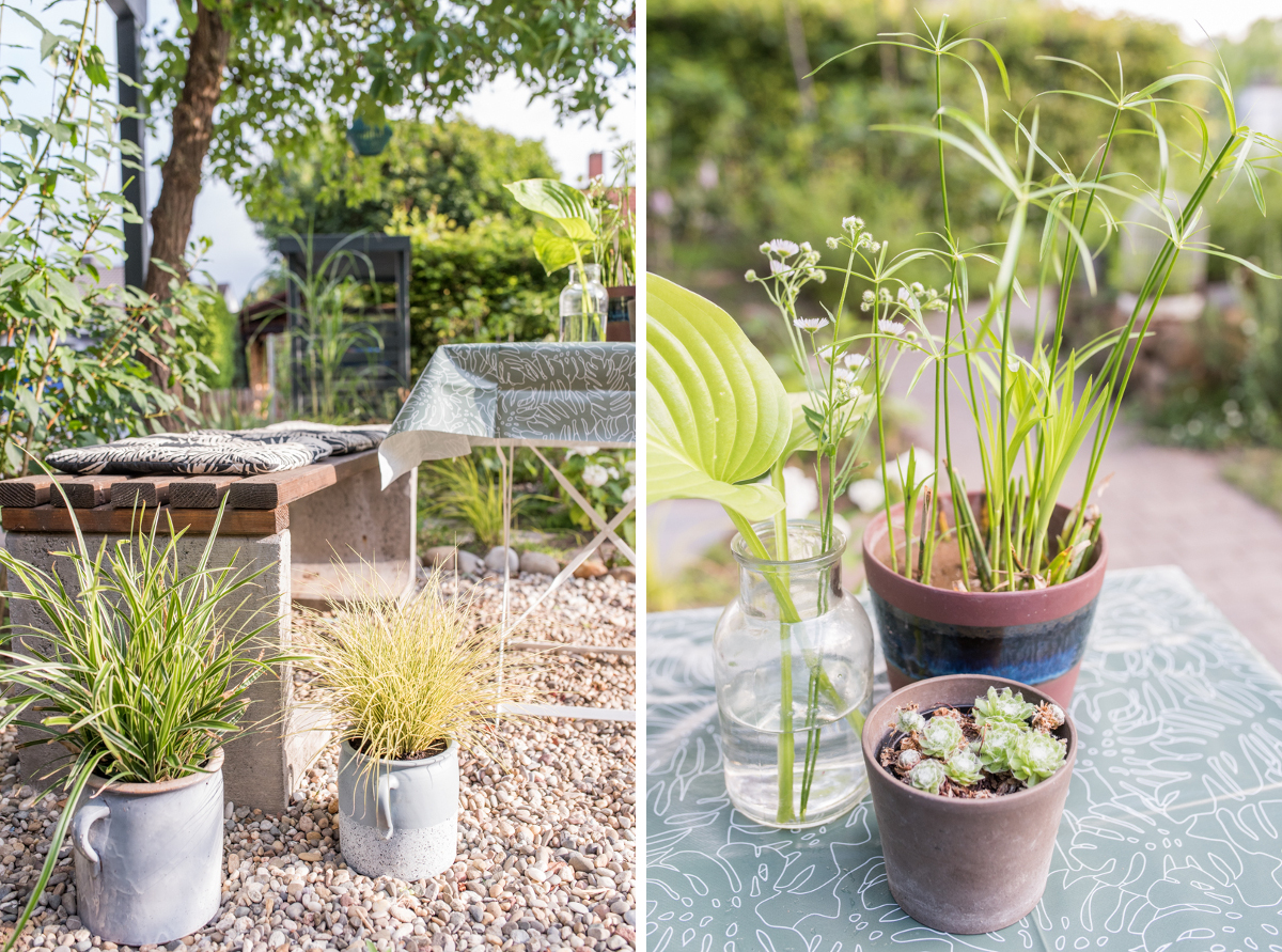 Dekoideen für den Garten mit selbst gebauter DIY Beton Bank, Pflanzen im Topf und kleiner Sitzecke 