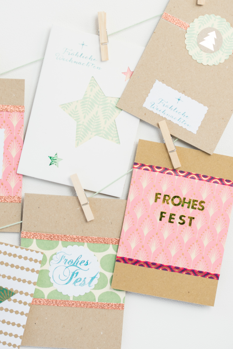 Ideen für selbst gemachte DIY Weihnachtskarten aus Kraft Karton und handgeschöpftem Papier in Mintgrün und Rosa 