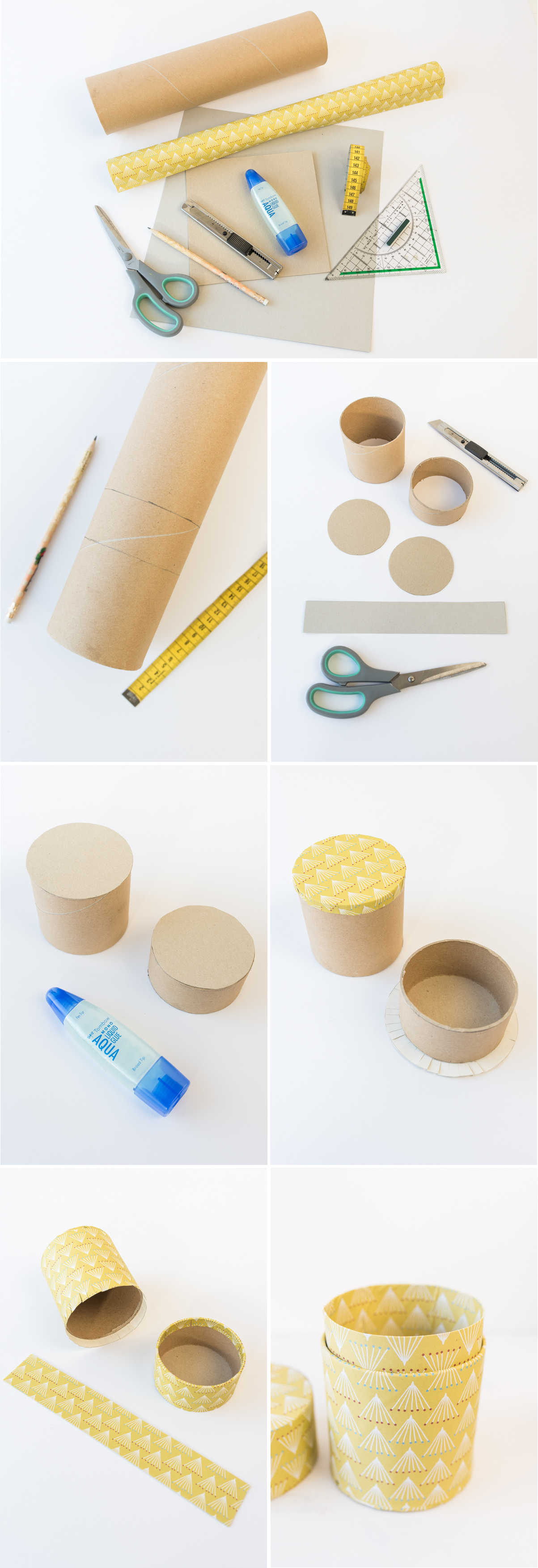Anleitung für selbst gemachte DIY upcycling Dosen aus Papierrollen als Aufbewahrung und Deko für das Büro