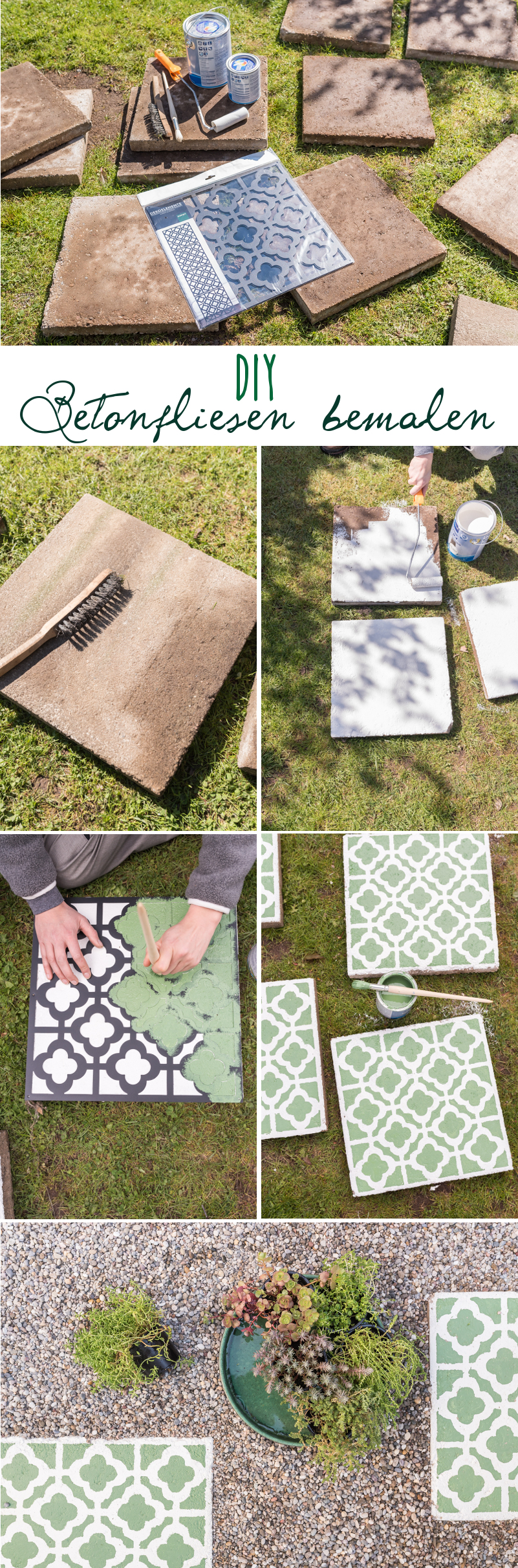 DIY Anleitung für selbstgemachte upcycling Betonfliesen im marokkanischen Look mit Betonfarbe und Waschbetonplatten als dekorative Gehwegplatten für den Garten
