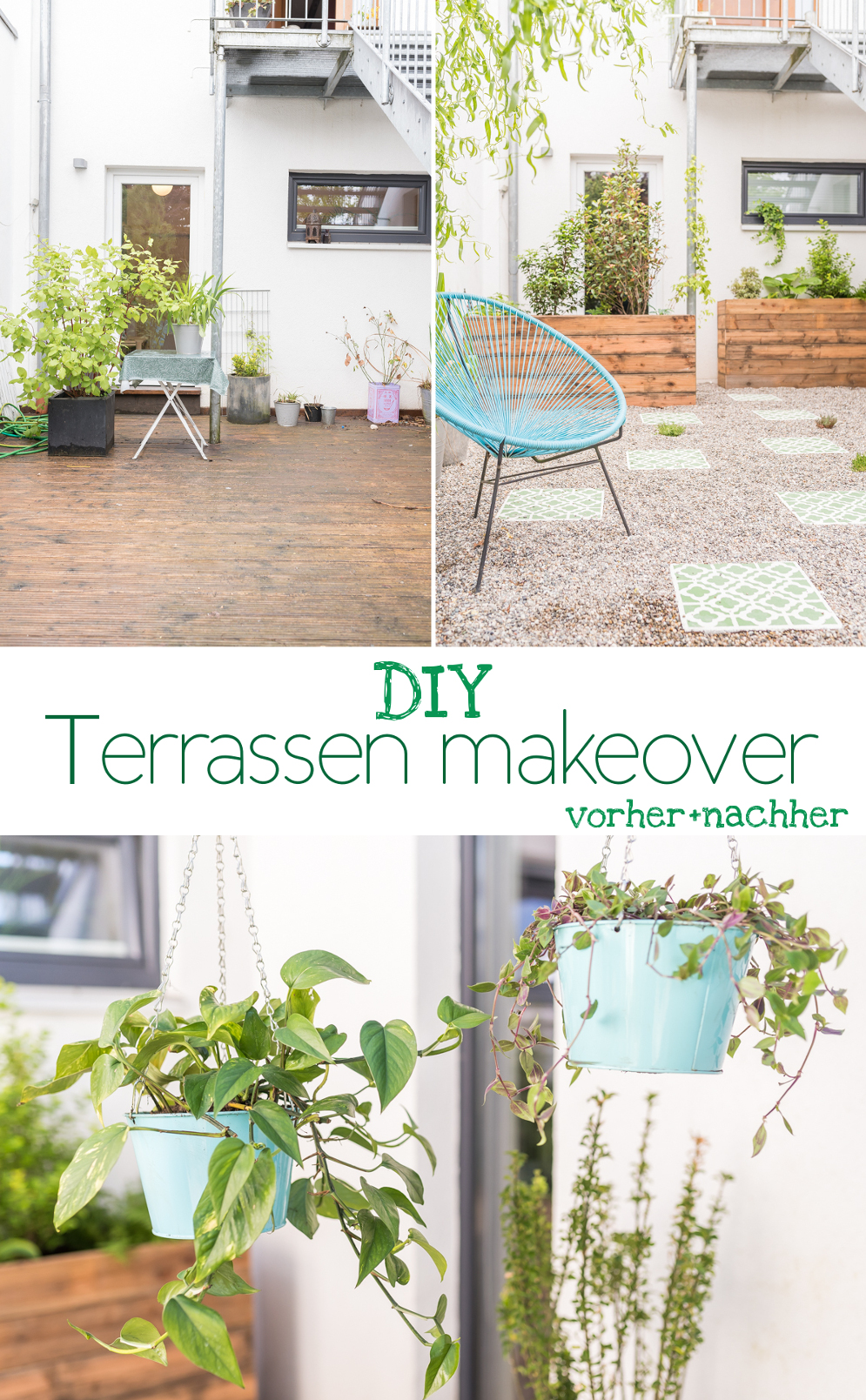 DIY Inspiration für ein Terrassen makeover in Schattenlage mit vorher nachher Bildern und selbst gebauten DIY upcycling Pflanzkübeln