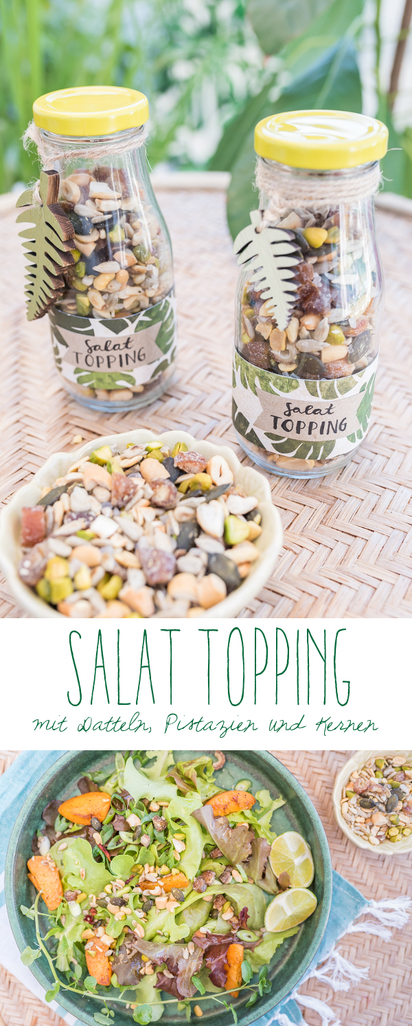 Rezept für ein leckeres Salat Topping mit Datteln, Pistazien, Cashews und Kernen als Mitbringsel zur Grillparty