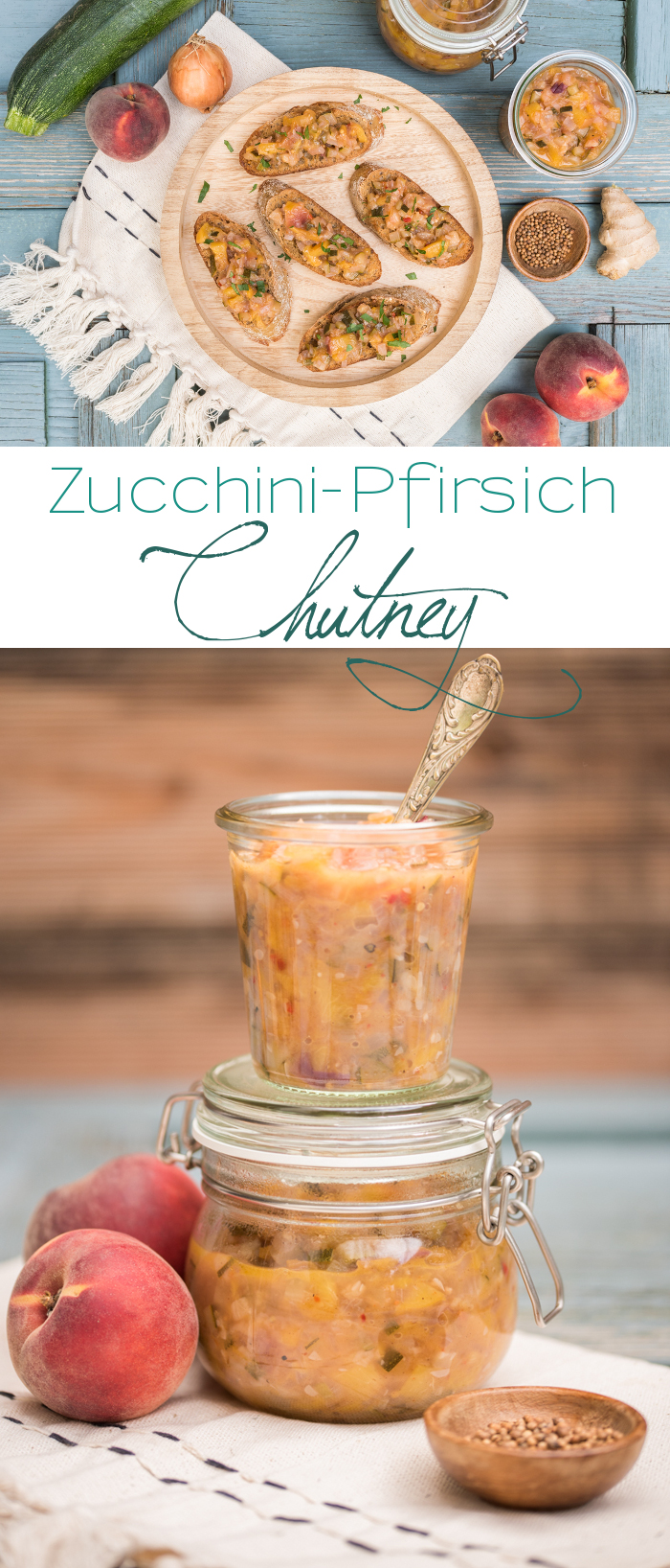 Rezept für Zucchini Pfirsich Chutney mit Koriander und Kreuzkümmel ohne Haushaltszucker für Crostini oder als Sauce zum Grillen