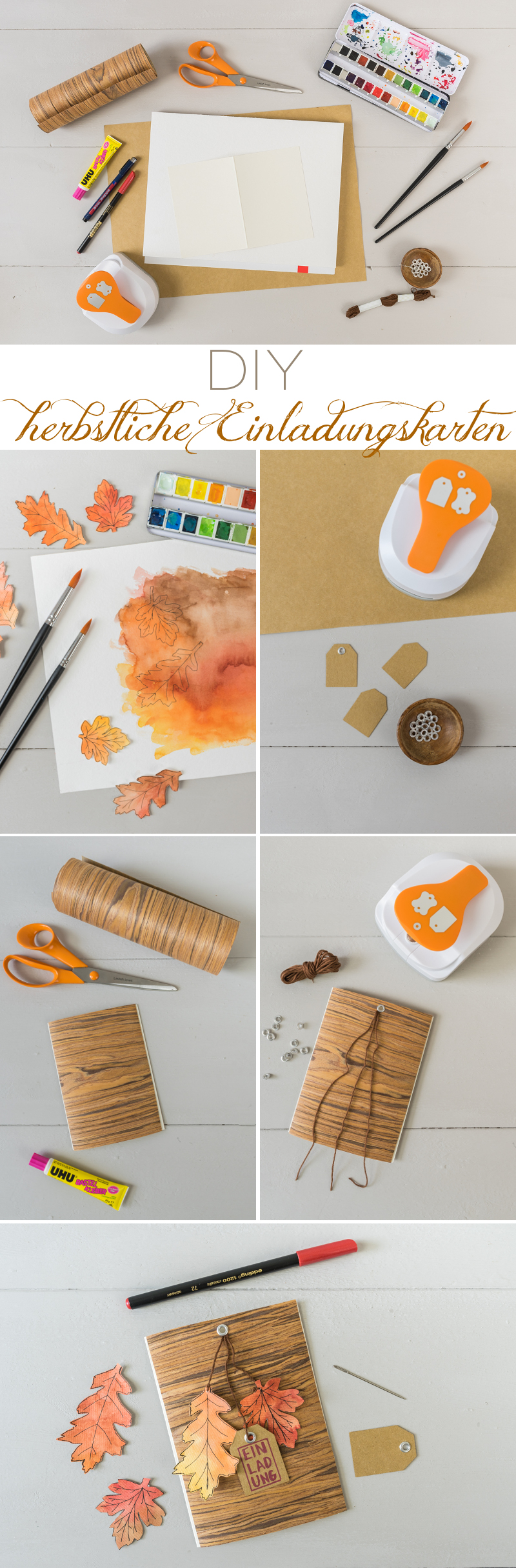 Anleitung für eine selbstgemachte DIY Einladungskarte aus Papier und Holzstoff als kreative Einladung zum Geburtstag im Herbst mit Aquarell Blättern