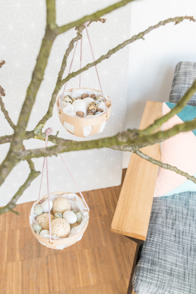DIY Anleitung für hängende Osternester aus Holzfurnier als Deko für Zweige an Ostern