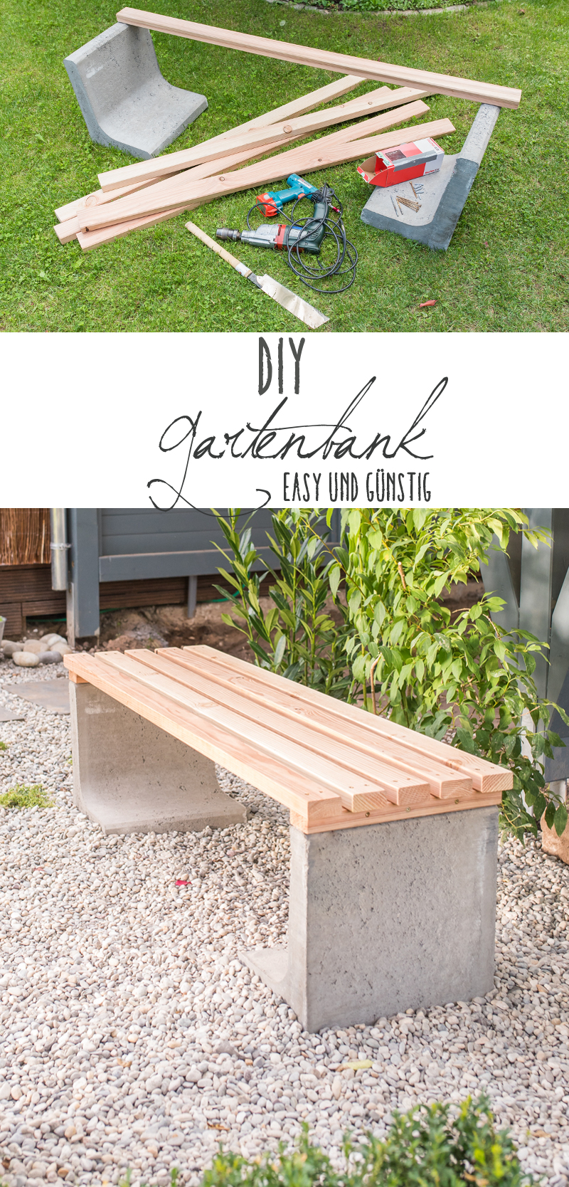 Anleitung für eine einfache selbst gemachte DIY Gartenbank aus Beton und Holz als easy Deko Projekt für den Garten