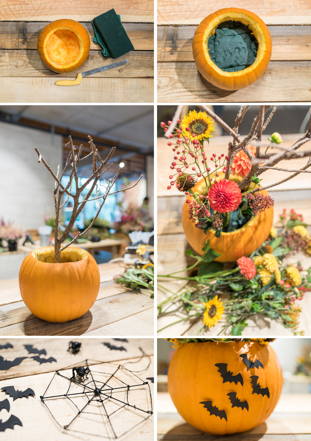 DIY Deko Ideen für Halloween mit Herbst Blumen, Ästen und Kürbis