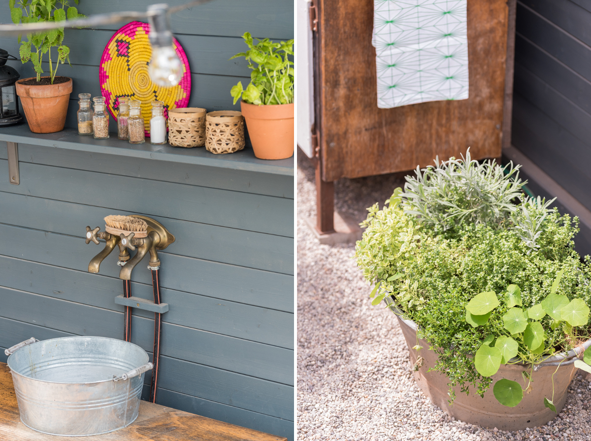DIY und Dekoideen für die Garten Terrasse mit outdoor Küche im Boho Look mit upcycling Sitzbänken aus Terrassenholz und vorher nachher Bildern des makeovers