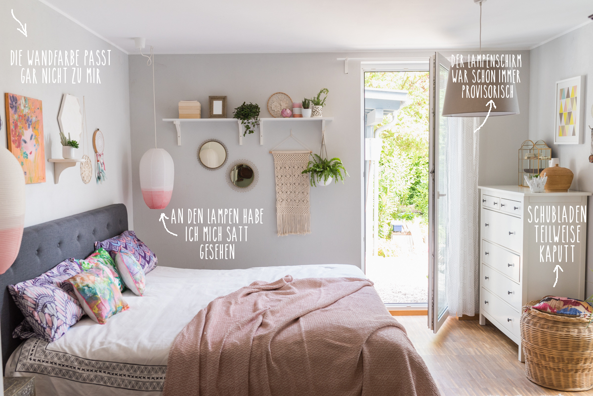 Tipps und Moodboard zur Umgestaltung eines Raumes wie dem Schlafzimmer im Boho Look mit Pflanzen, grüner Wandfarbe und Deko