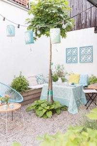 Dekoideen für die Kaffeetafel im Garten im Sommer mit Lampions, Blumen und Tischdeko in Mintgrün