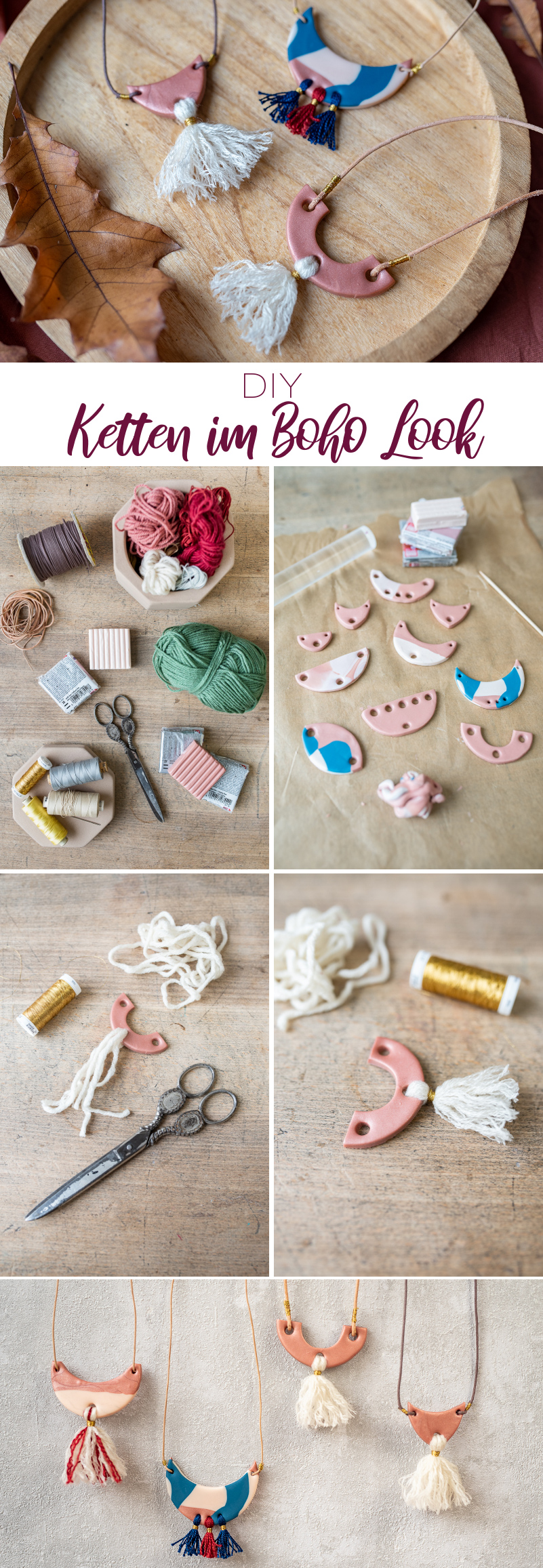 Anleitung für selbst gemachte DIY Geschenke zu Weihnachten für Ketten aus Fimo mit Wolle im Boho Look als Weihnachtsgeschenk für die Freundin