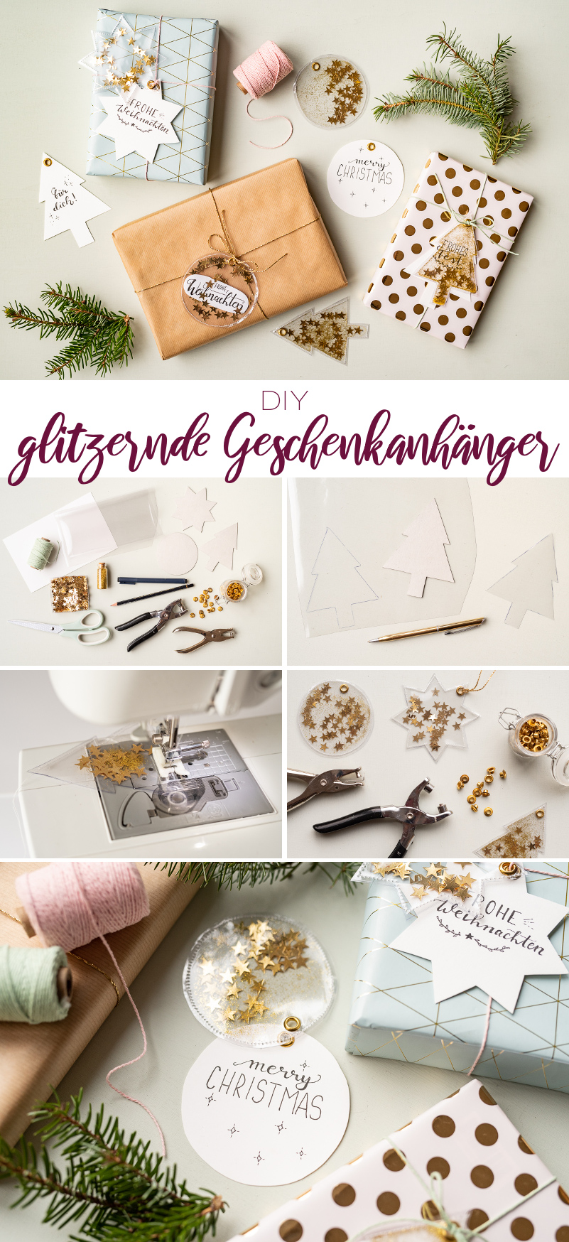 Anleitung für selbst gemachte DIY Geschenkanhänger aus Wachstuch mit Glitzer und Sternen als schöne Verpackung für Geschenke zu Weihnachten