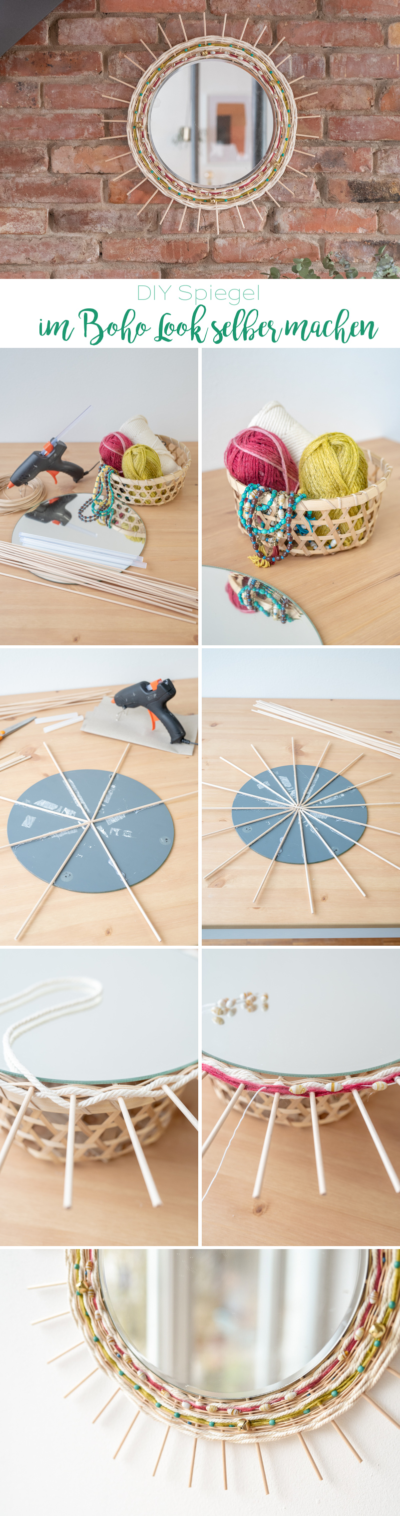 DIY Anleitung für einen runden, selbstgemachten Spiegel im Boho Look mit Holzstäben und gewebter Wolle als Deko für das Wohnzimmer
