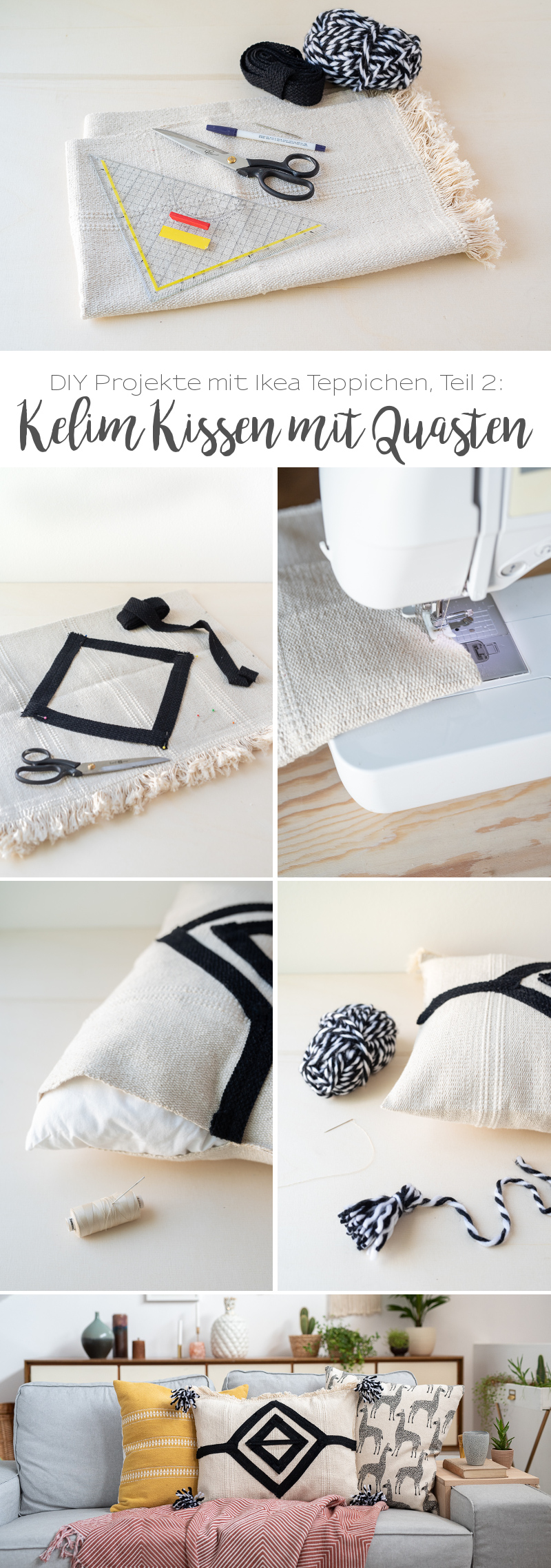 DIY Anleitung für einfache Kissen im Kelim Look aus Ikea Teppich mit Quasten als Deko für das Wohnzimmer im Boho Stil