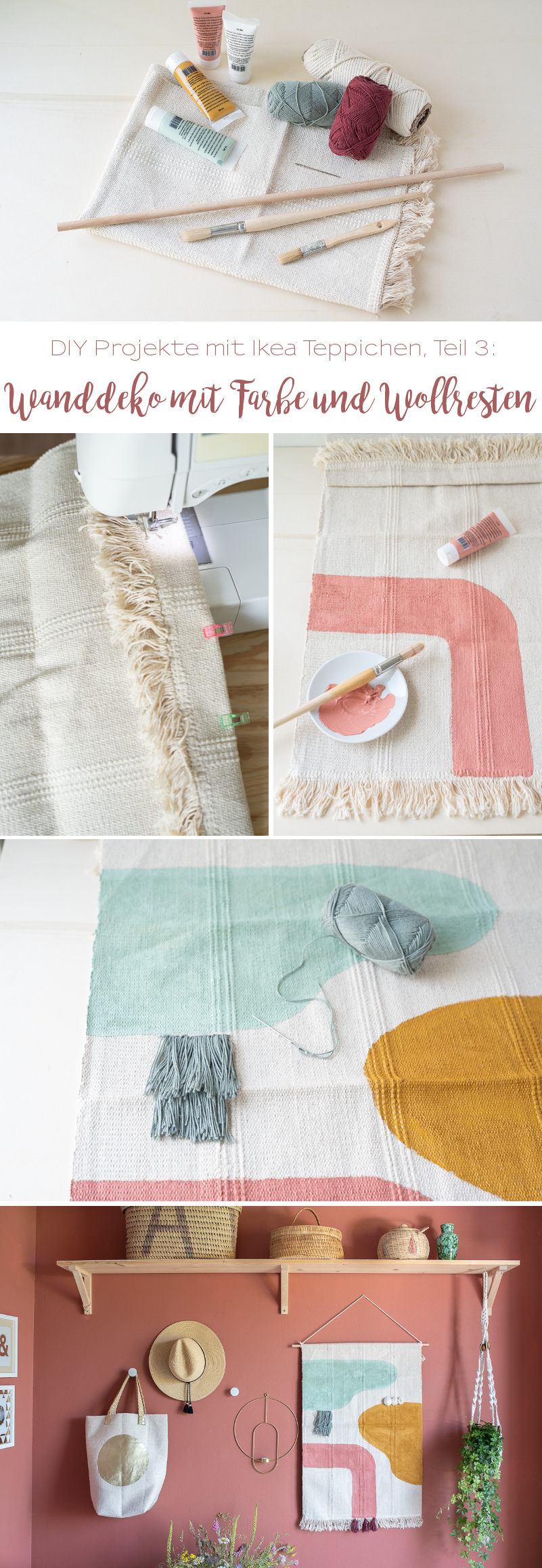 Anleitung für einen einfachen, schnellen Wanddeko Wandteppich im Boho Look mit Teppich von Ikea, Acrylfarbe und Wollrresten