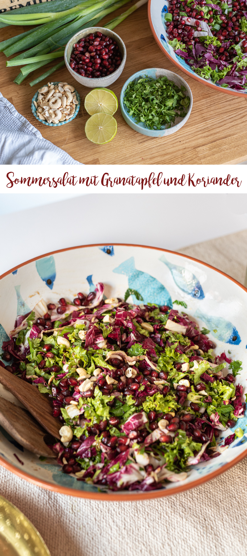 Rezept für knackigen Sommersalat mit Granatapfel, Koriander, Cashew Kernen und Limetten Dressing
