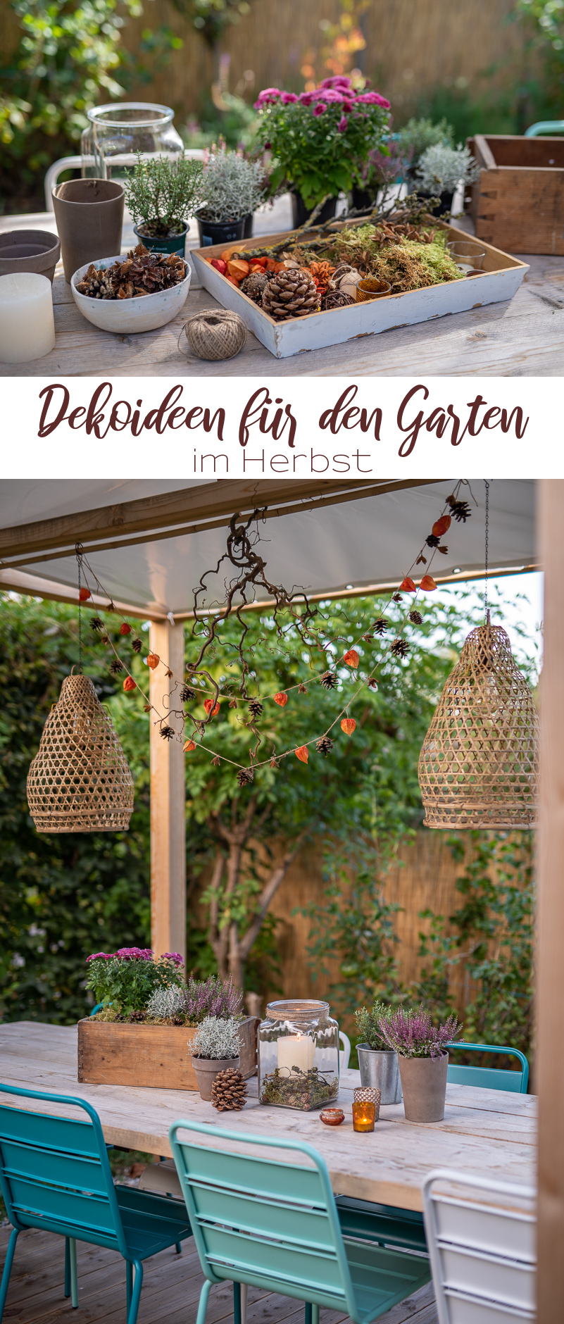 Ideen für selbstgemachte DIY Deko für den Garten im Herbst mit Pflanzen wie Erika, Girlande aus Naturmaterial und Windlichtern mit Tannenzapfen als Herbstdeko auf dem Gartentisch