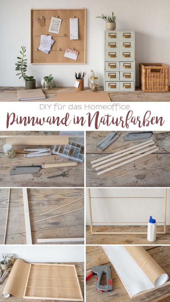 Anleitung für eine selbstgemachte DIY Deko Pinnwand für das Homeoffice in Naturfarben aus Holz und Leinwand
