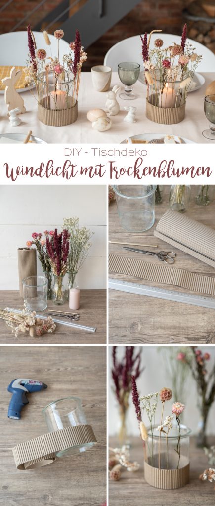 DIY Anleitung für einfache Windlichter aus Glas mit Trockenblumen im angesagten Boho Natur Look für die Tischdeko zu Ostern