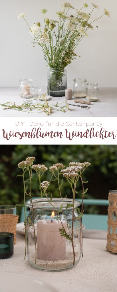 DIY Inspiration für schnelle Windlichter mit Schafgarbe aus Einmachgläsern für die Gartenparty und das Sommerfest im Garten mit Wiesenblumen
