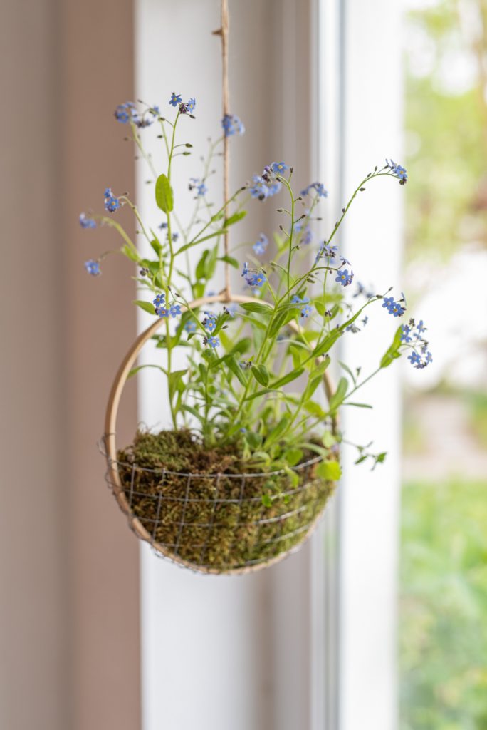 DIY Blumendeko mit Moos und Vergissmeinnicht zum Aufhängen als Deko für den Frühling und kleine Geschenk Idee für Muttertag