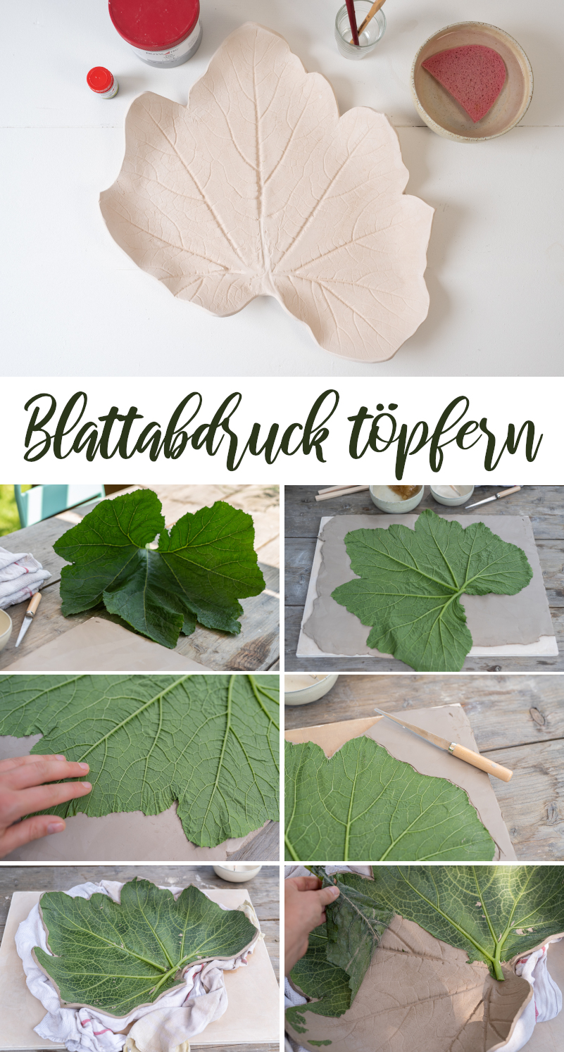Anleitung zum Töpfern und Glasieren eines handgetöpferten Blattabdrucks aus Ton mit Zucchiniblättern aus dem Garten