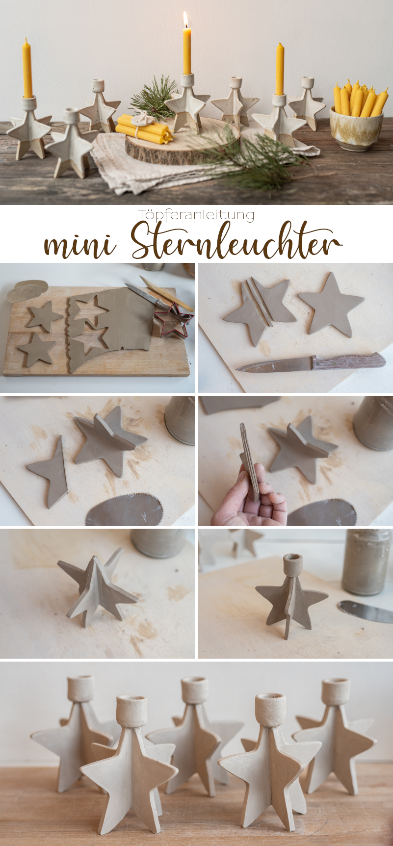 DIY Töpfer Anleitung- mini Kerzenleuchter in Sternform für Baumkerzen aus Steinzeug Keramik als Weihnachtsgeschenk töpfern