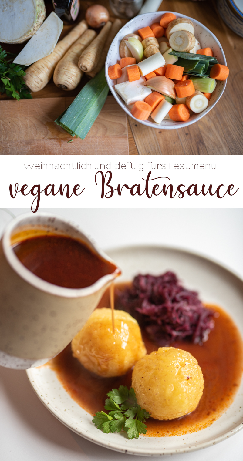 Rezept für vegane Bratensauce auf Rotwein Basis als pflanzliche Alternative zum Bratenfond für das vegetarische Weihnachtsmenü